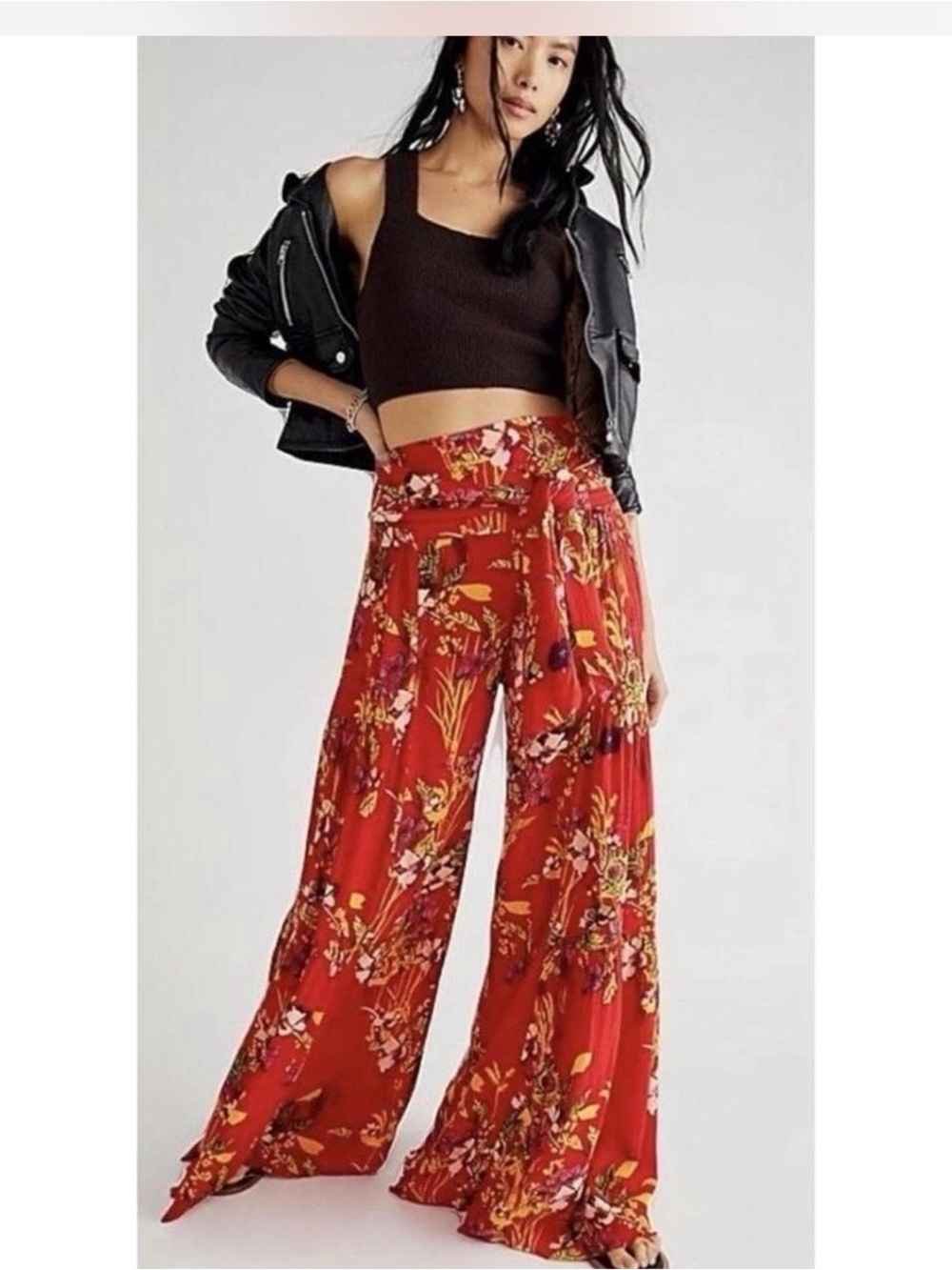 Free People Aloha red tropical wide leg tie waist pants